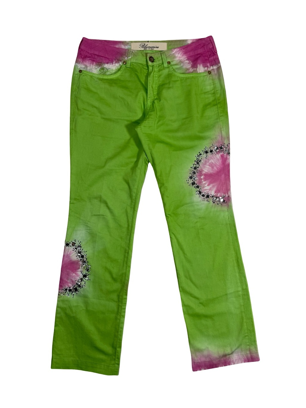 Blumarine Made in Italy US Sz 8 Green Pink Tie Dye Rhinestone Straight Leg Pants
